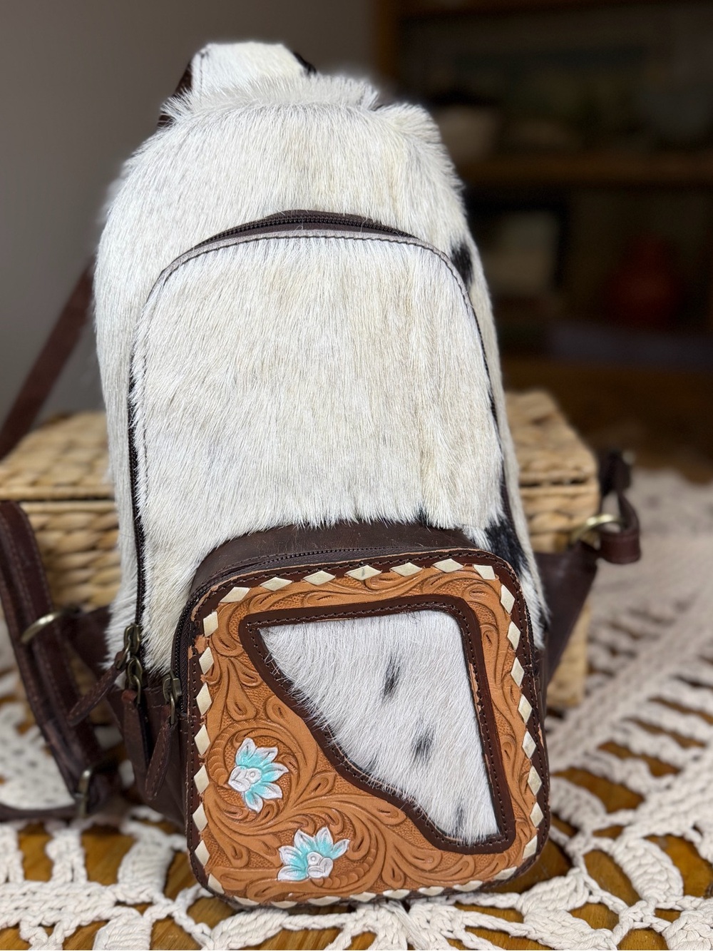 Double B Wild Rags Cowhide Leather Sling Backpack Tooled Western Crossbody